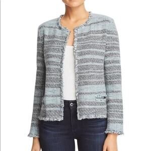 Nic + Zoe Striped Cotton Open Long Sleeve Tweed Blazer Coat Jacket Blue Small